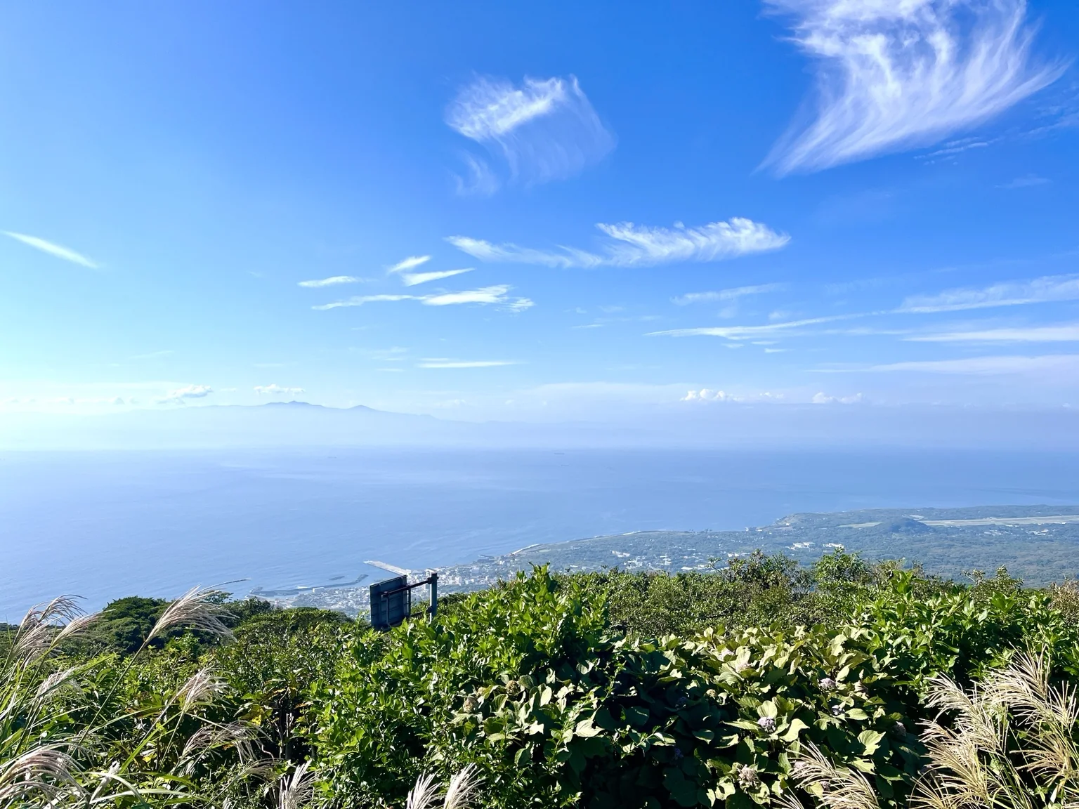 三原山周辺の高台から望む伊豆大島の町と海
